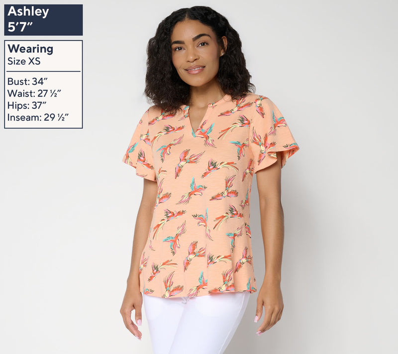 Denim & Co. Printed Texture Knit Short Sleeve Split Neck Top — View 3