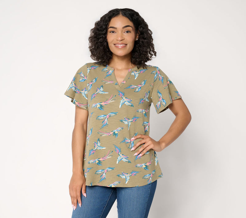 Denim & Co. Printed Texture Knit Short Sleeve Split Neck Top — View 12