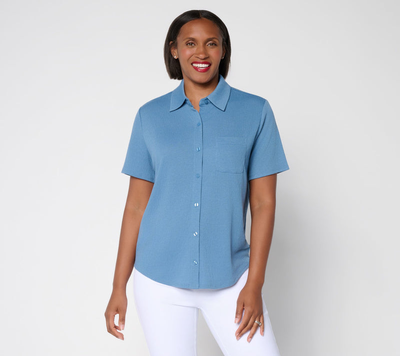 Denim & Co. Knit Gauze Button Front Short Sleeve Top — Main view