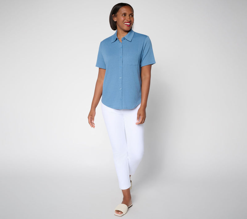 Denim & Co. Knit Gauze Button Front Short Sleeve Top — View 4