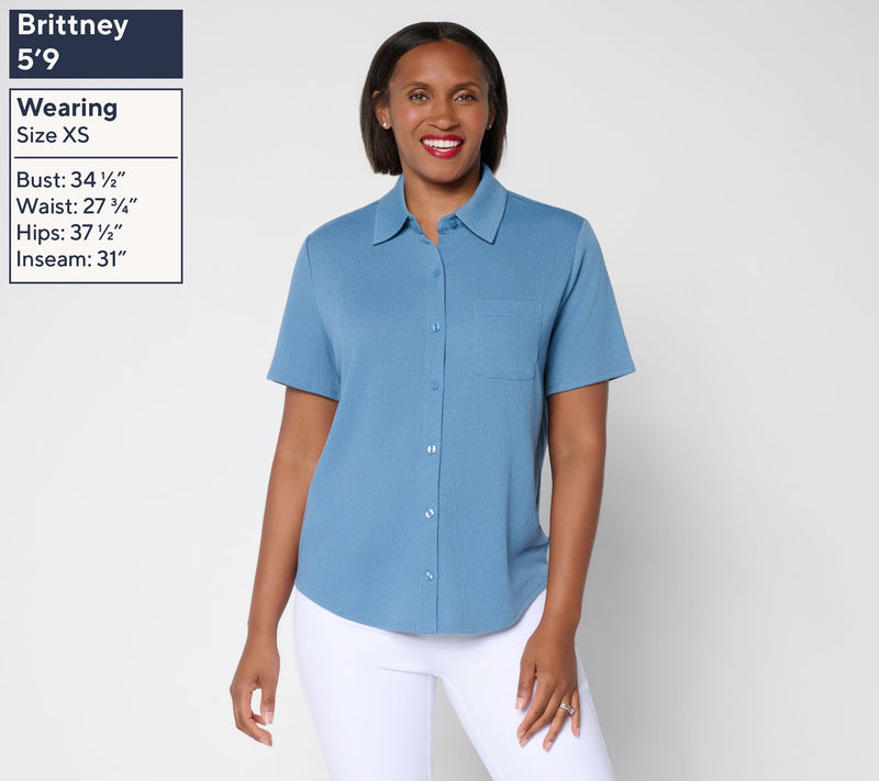Denim & Co. Knit Gauze Button Front Short Sleeve Top — View 2