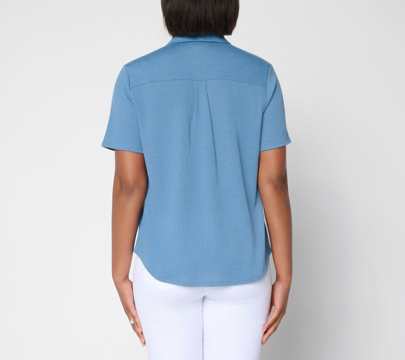 Denim & Co. Knit Gauze Button Front Short Sleeve Top — View 3