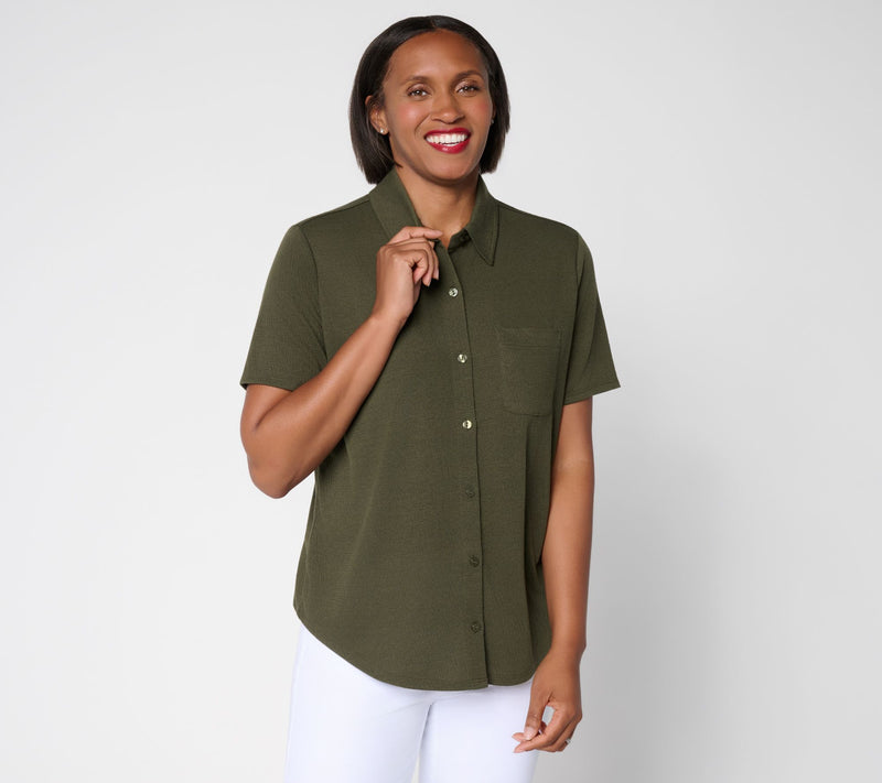 Denim & Co. Knit Gauze Button Front Short Sleeve Top — View 10
