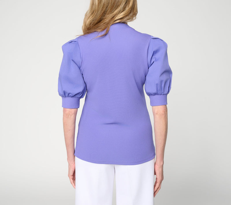 nicole by Nicole Miller Mixed Media Puff Sleeve Henley Top — View 3