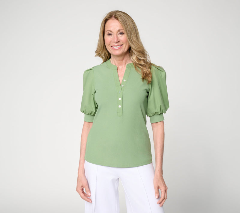 nicole by Nicole Miller Mixed Media Puff Sleeve Henley Top — View 10