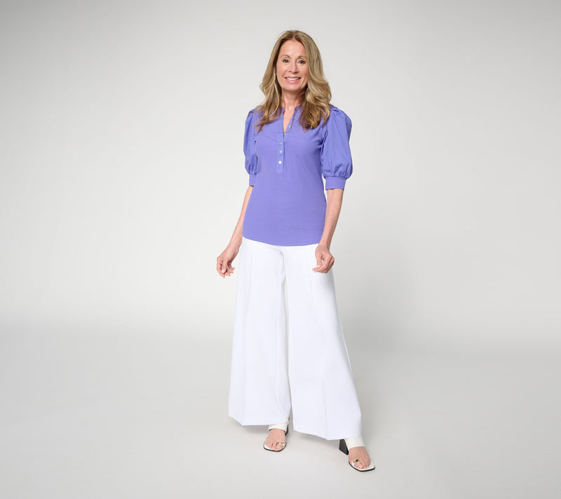 nicole by Nicole Miller Mixed Media Puff Sleeve Henley Top — View 4