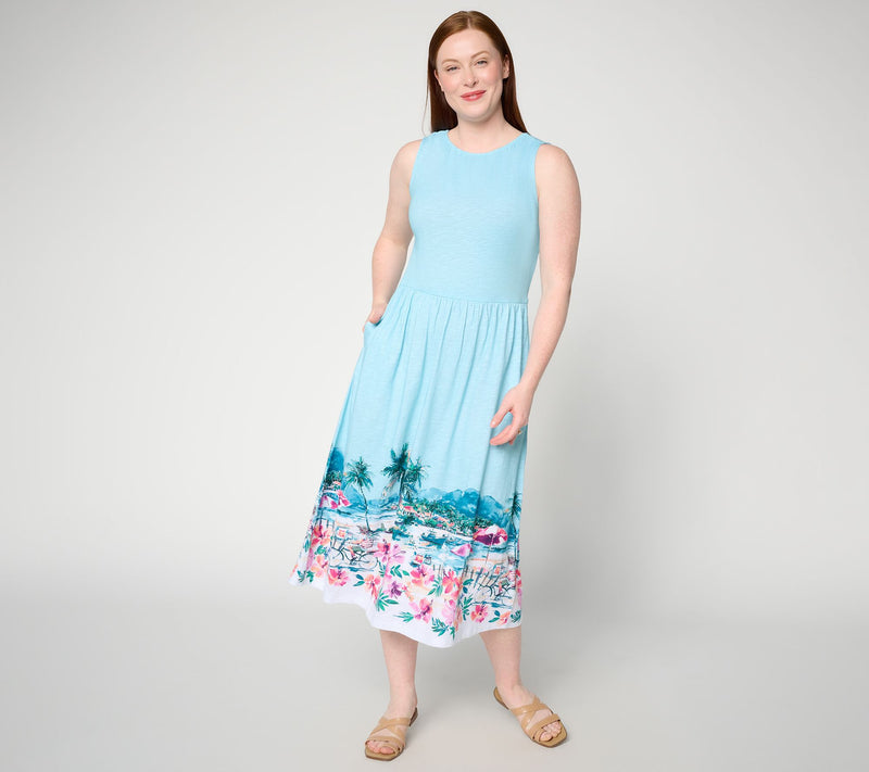 Denim & Co. Petite Printed Drop Waist Midi Dress — Main view