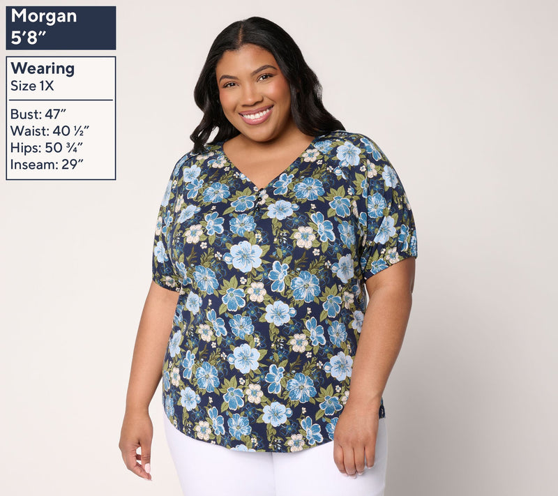 AnyBody Cozy Knit Jersey Printed Puff Sleeve Top — View 2