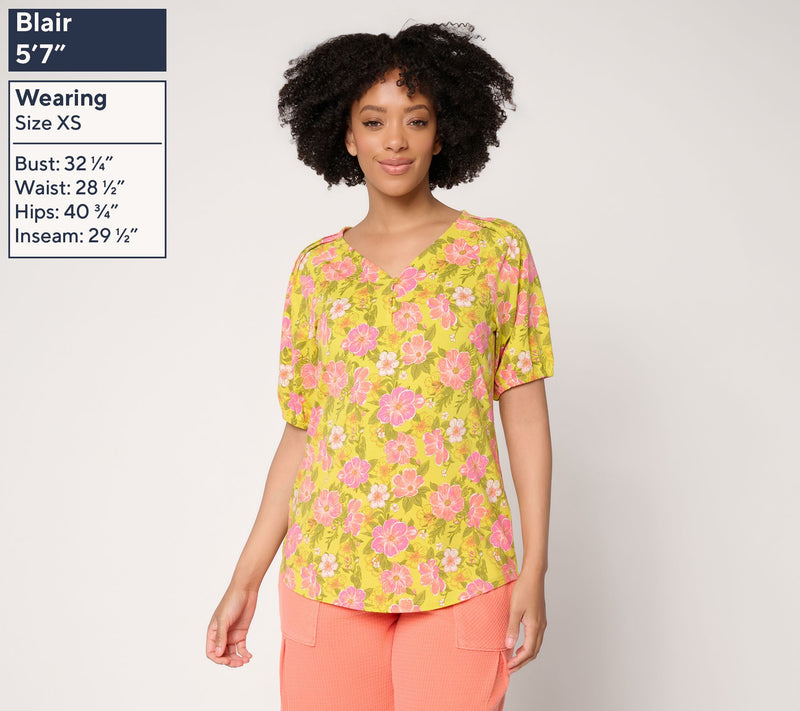 AnyBody Cozy Knit Jersey Printed Puff Sleeve Top — View 3