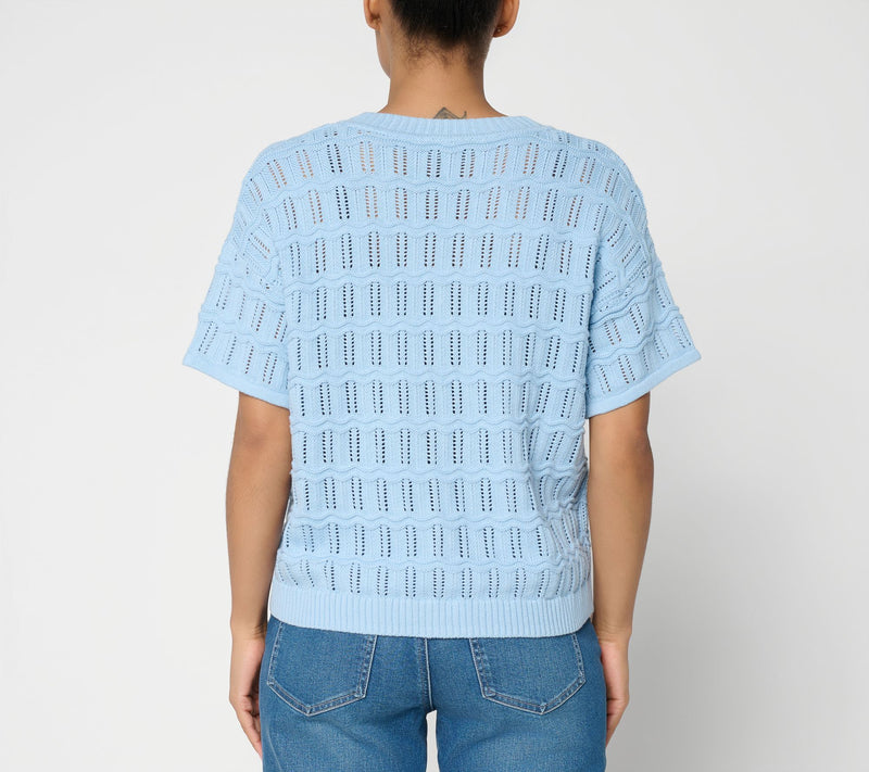AnyBody Cotton Crochet Short Sleeve Sweater Cardigan — View 4