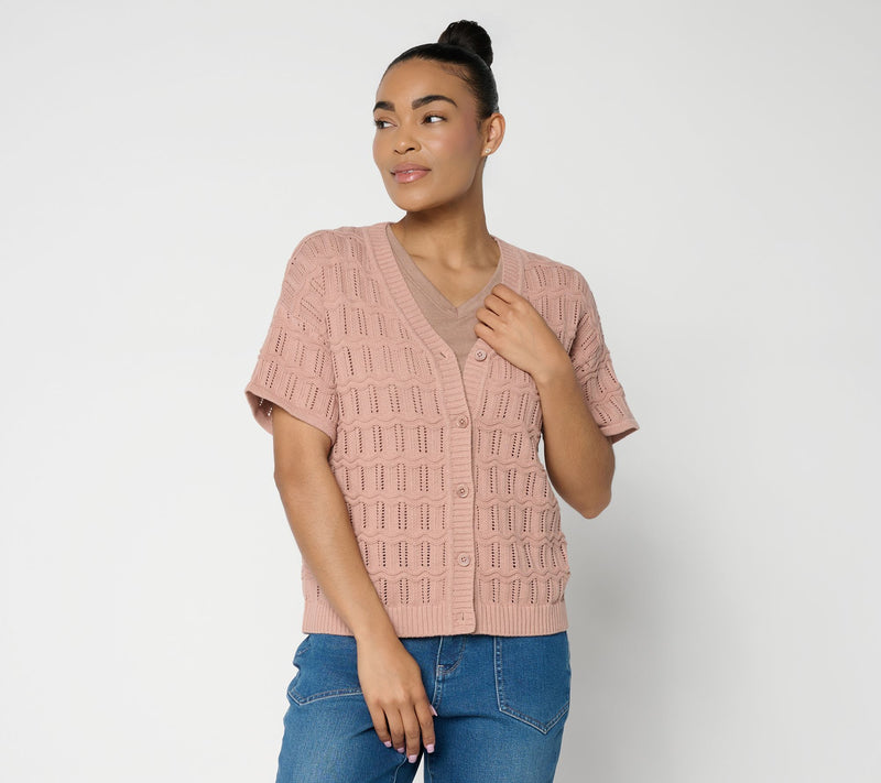 AnyBody Cotton Crochet Short Sleeve Sweater Cardigan — View 10