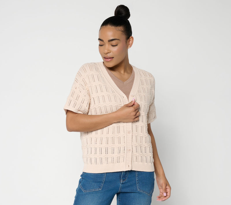 AnyBody Cotton Crochet Short Sleeve Sweater Cardigan — View 11