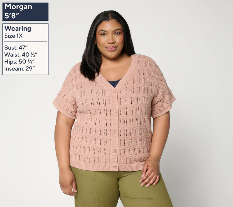 AnyBody Cotton Crochet Short Sleeve Sweater Cardigan — View 2