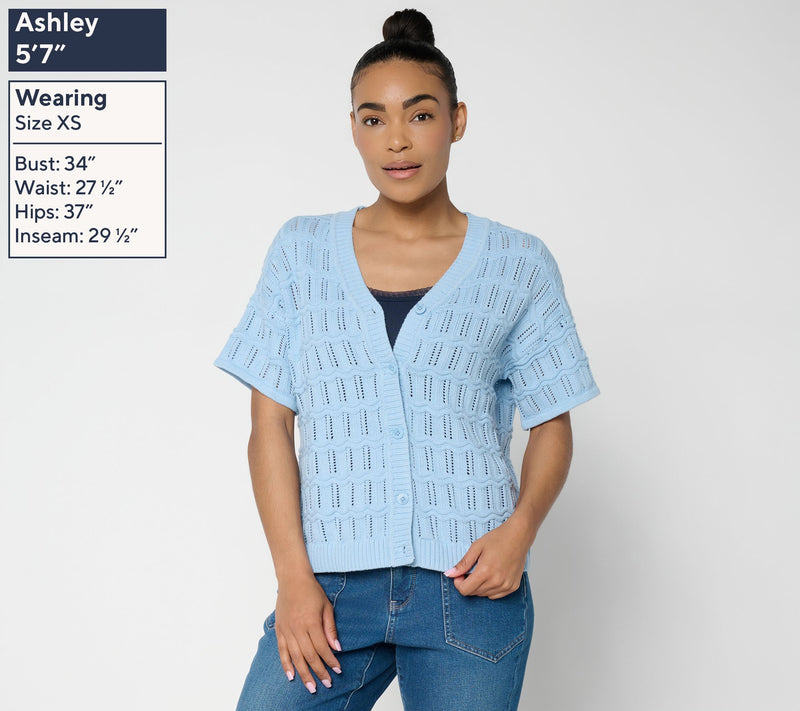 AnyBody Cotton Crochet Short Sleeve Sweater Cardigan — View 3