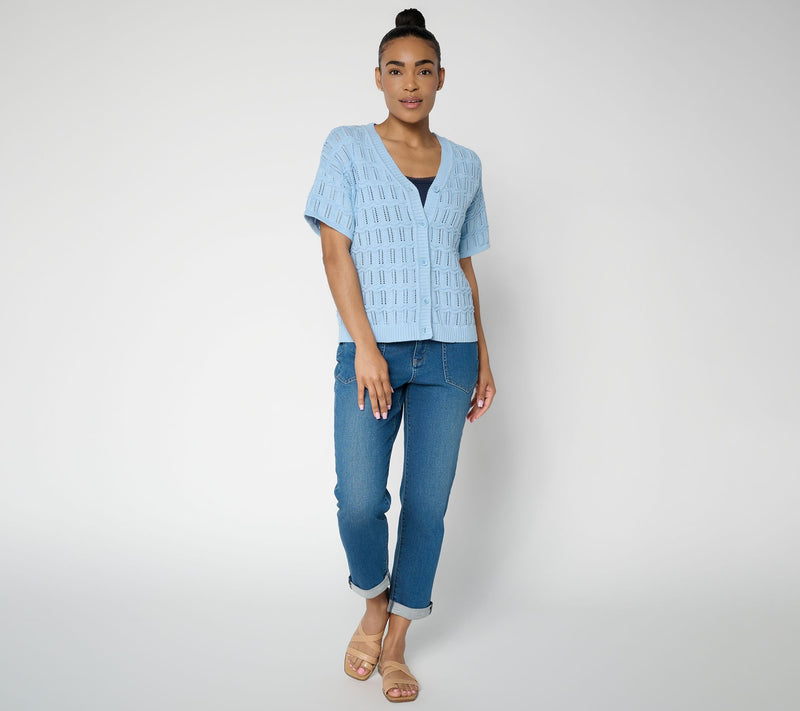 AnyBody Cotton Crochet Short Sleeve Sweater Cardigan — View 5