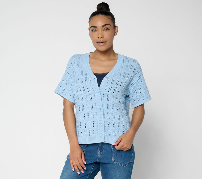 AnyBody Cotton Crochet Short Sleeve Sweater Cardigan — View 12