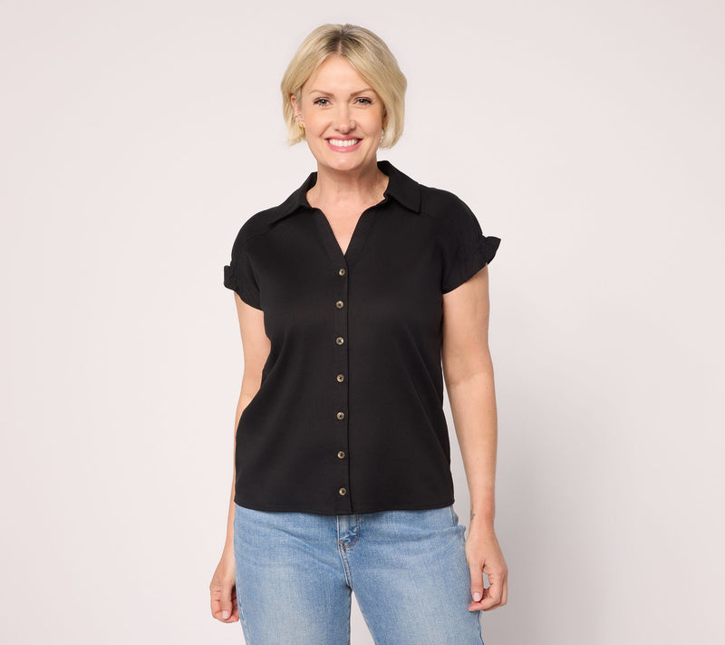 AnyBody Lyocell Collared Top With Sleeve Ruffle — View 10