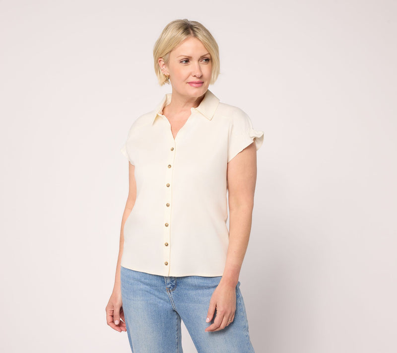 AnyBody Lyocell Collared Top With Sleeve Ruffle — View 12