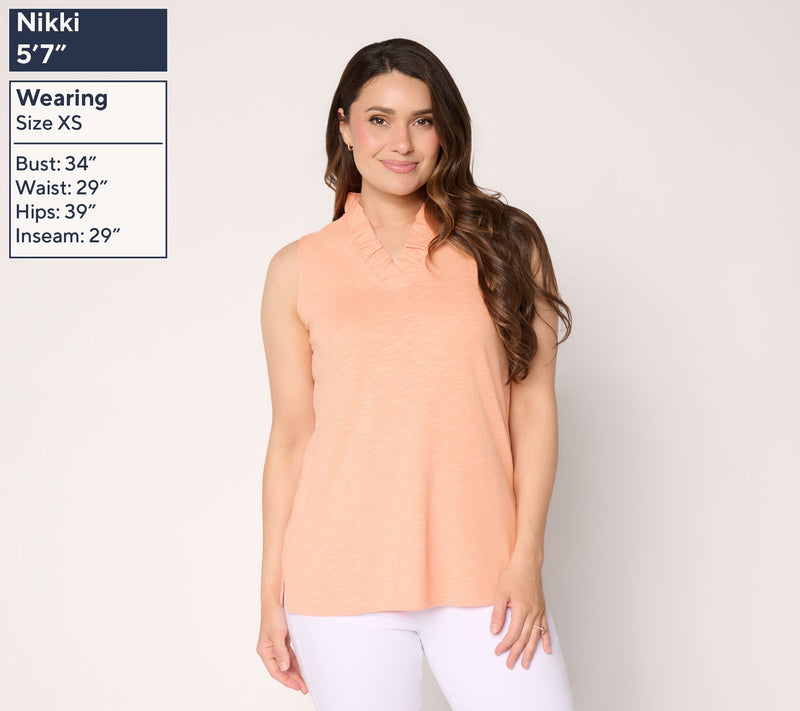Denim & Co. Linen Slub V-Neck Sleeveless Top w/ Ruffle Trim — View 3