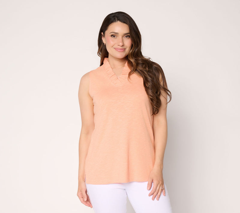 Denim & Co. Linen Slub V-Neck Sleeveless Top w/ Ruffle Trim — View 11