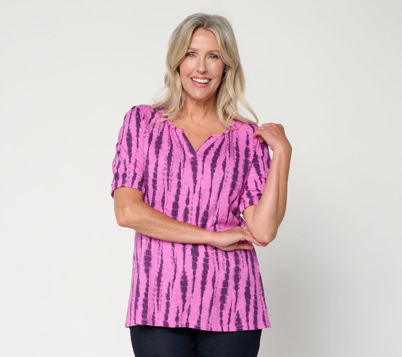 Denim & Co. Linen Slub Elbow Sleeve Split V-Neck Top — View 13