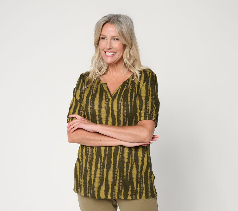 Denim & Co. Linen Slub Elbow Sleeve Split V-Neck Top — View 14