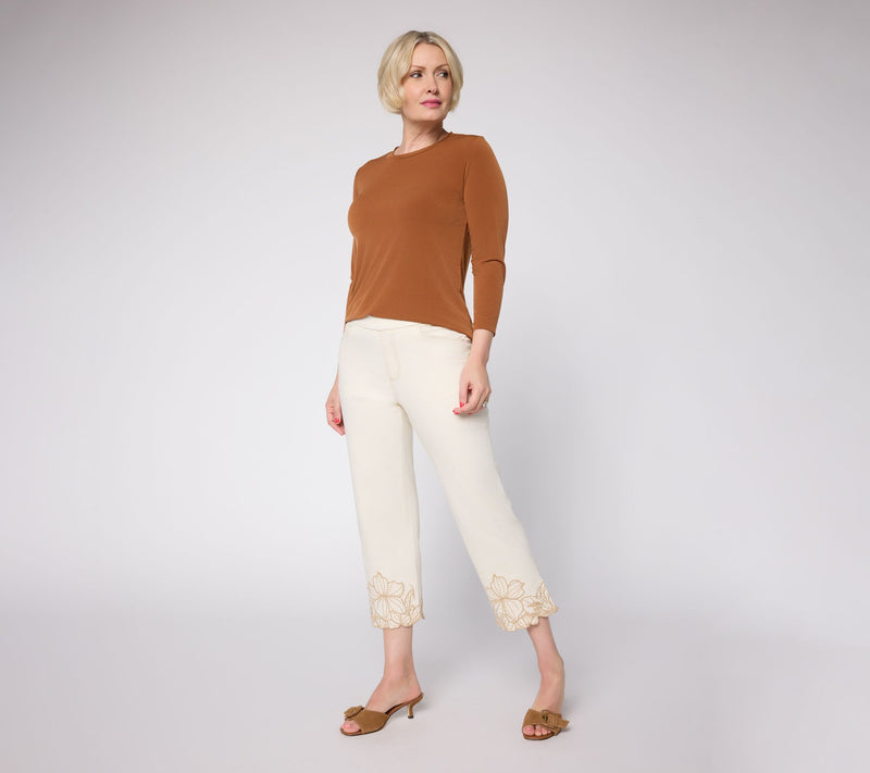 Susan Graver Regular Stretch Denim Floral Embroidery Hem Jean — View 5