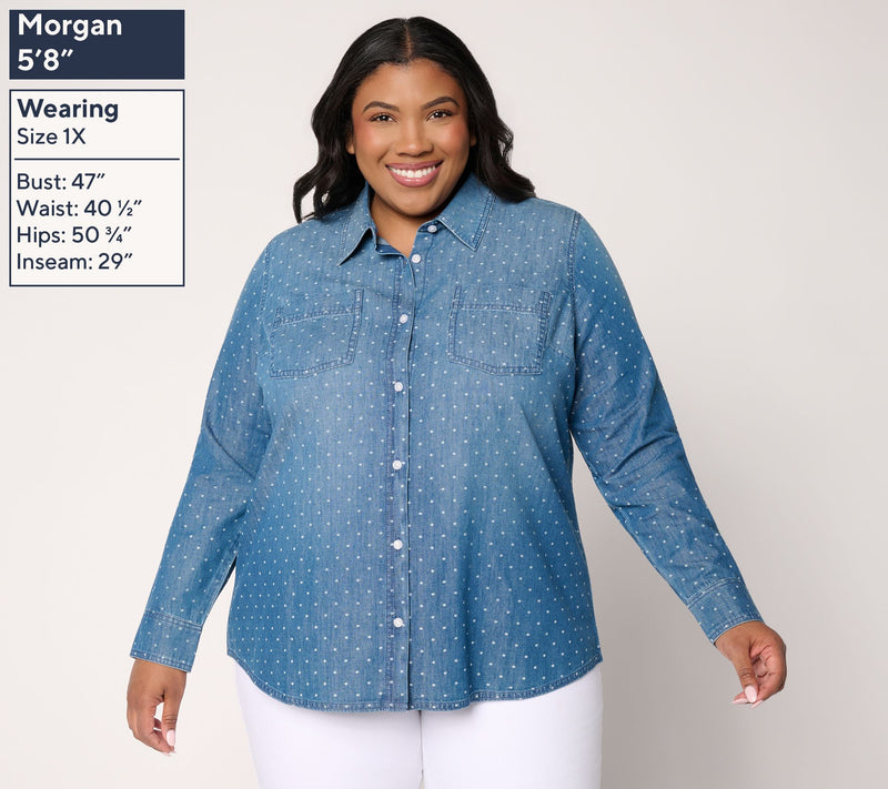 Denim & Co. Petite Denim Button Front Big Shirt — View 2