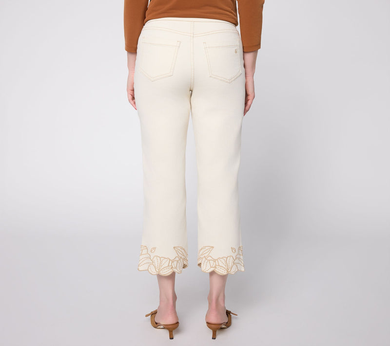 Susan Graver Petite Stretch Denim Floral Embroidery Hem Jean — View 4