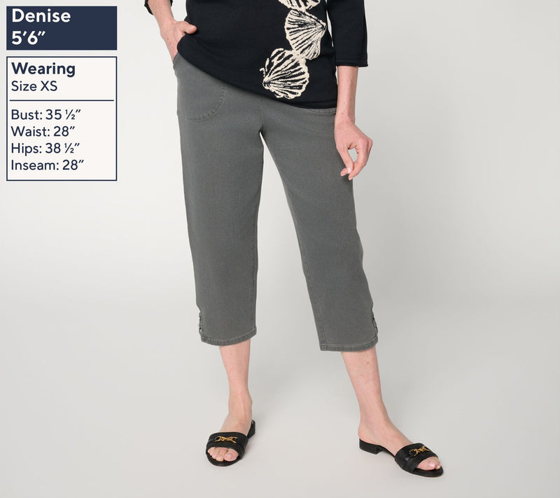 Denim & Co. Regular Black Flat Front Capris Pants w/ Lattice Hem — View 2