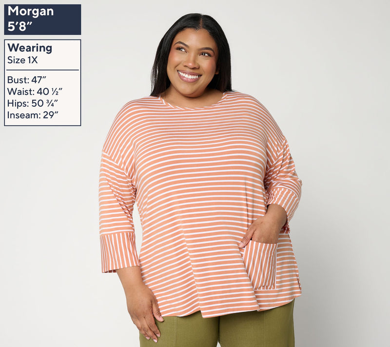 Joan Rivers Mixed Stripe Pocket 3/4 Sleeve Tee — View 2