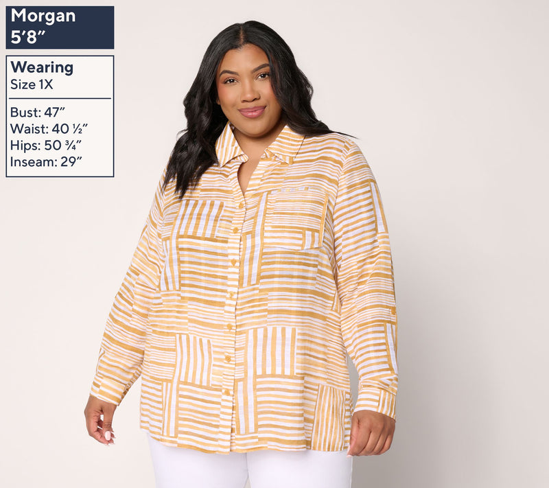 Joan Rivers Petite Button Front Boyfriend Fit Striped Tunic — View 12