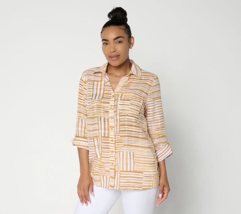 Joan Rivers Petite Button Front Boyfriend Fit Striped Tunic — View 2