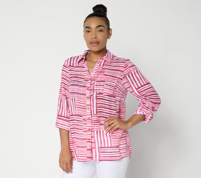 Joan Rivers Petite Button Front Boyfriend Fit Striped Tunic — View 10