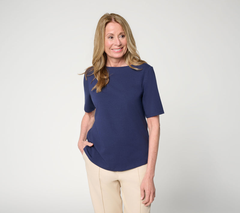 BEAUTIFUL by Lawrence Zarian Classic Knit Boat Neck Elbow Sleeve Top — View 13