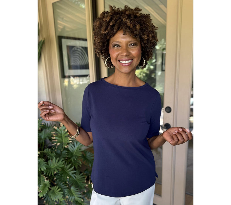 BEAUTIFUL by Lawrence Zarian Classic Knit Boat Neck Elbow Sleeve Top — View 6