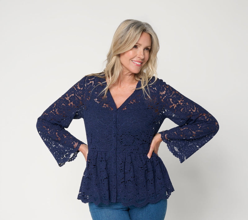 BEAUTIFUL by Lawrence Zarian Button Front Knit Lace Blouse & Tank — View 11