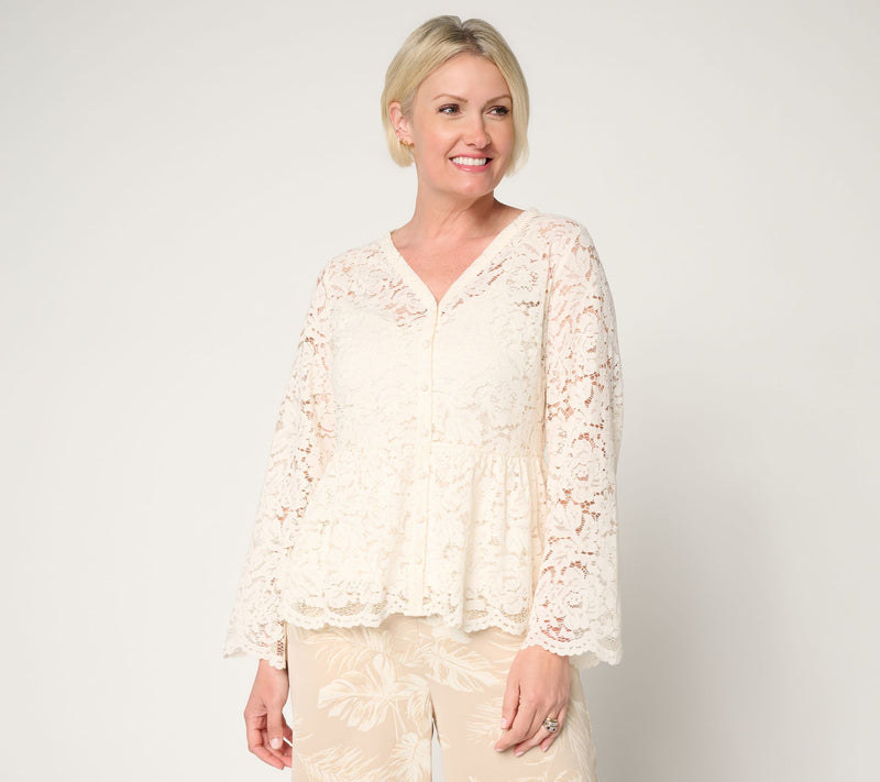 BEAUTIFUL by Lawrence Zarian Button Front Knit Lace Blouse & Tank — View 12