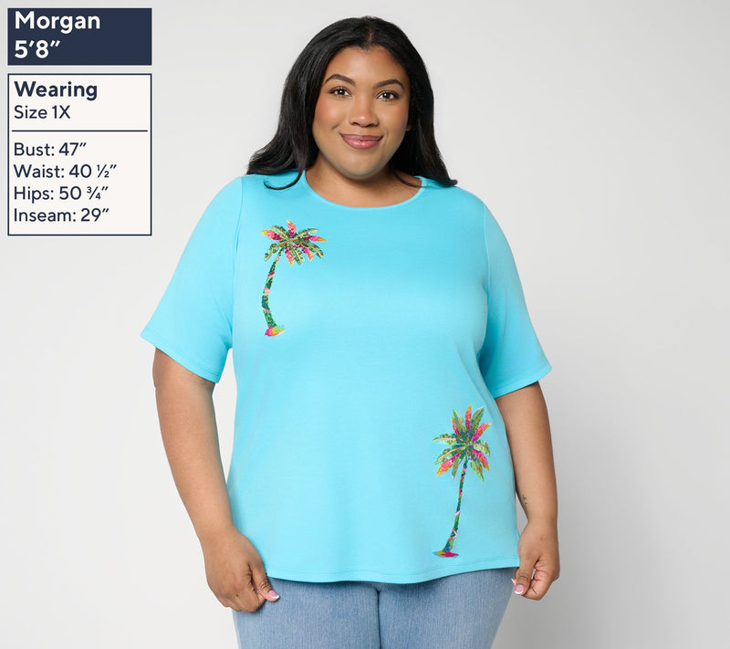 Quacker Factory Preppy Palms Elbow Sleeve Top — View 2