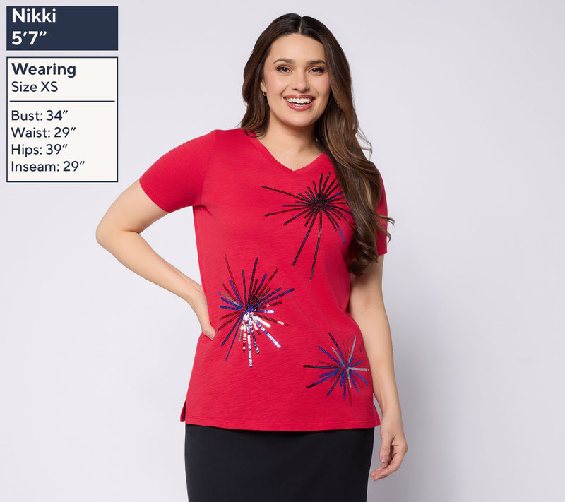 Quacker Factory Baby You're A Firework Sequin Short Sleeve Top — View 3
