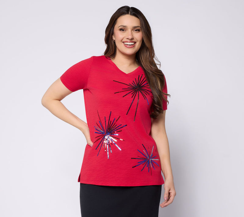 Quacker Factory Baby You're A Firework Sequin Short Sleeve Top — View 10
