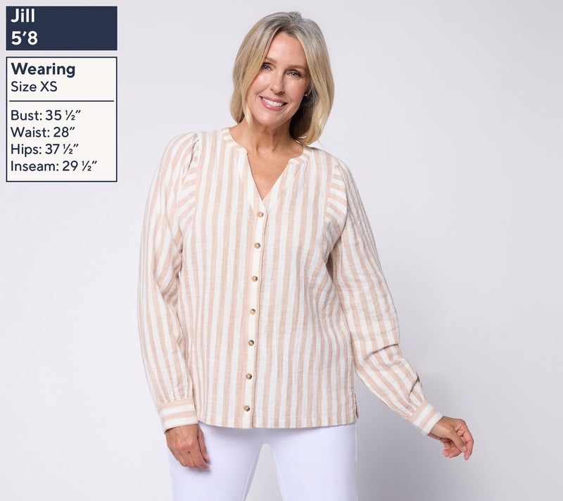 AnyBody Striped Cotton Double Cloth Long Sleeve Top — View 3