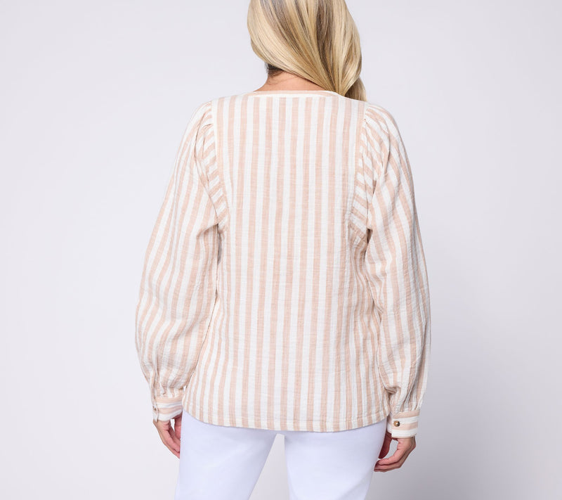 AnyBody Striped Cotton Double Cloth Long Sleeve Top — View 4