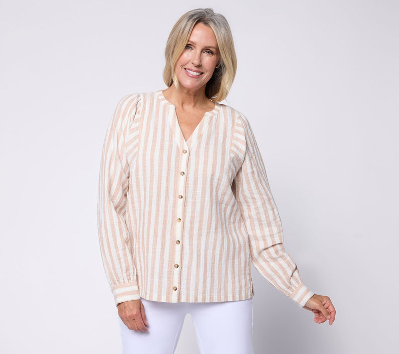 AnyBody Striped Cotton Double Cloth Long Sleeve Top — Main view
