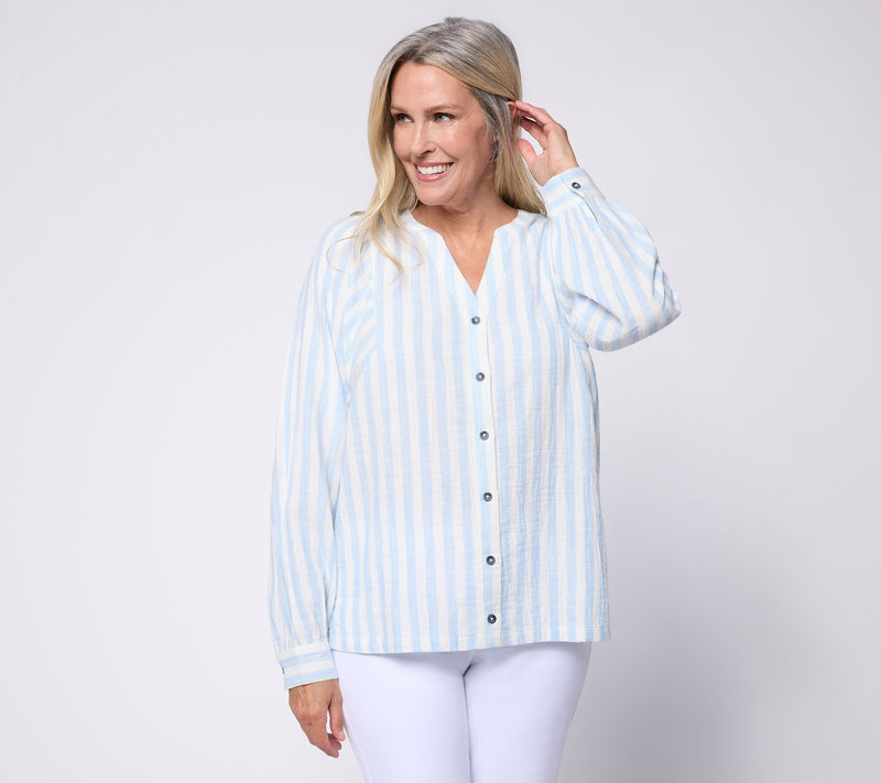 AnyBody Striped Cotton Double Cloth Long Sleeve Top — View 11