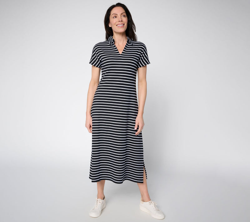 Joan Rivers Petite Split Neck Striped Midi Dress with Side Slits — Main view