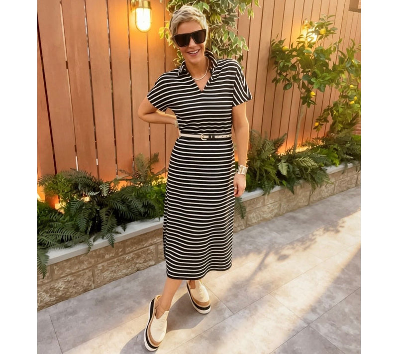 Joan Rivers Petite Split Neck Striped Midi Dress with Side Slits — View 12