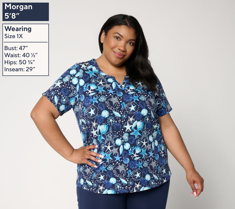 Denim & Co. Active Printed French Terry Split Neck Top — View 2