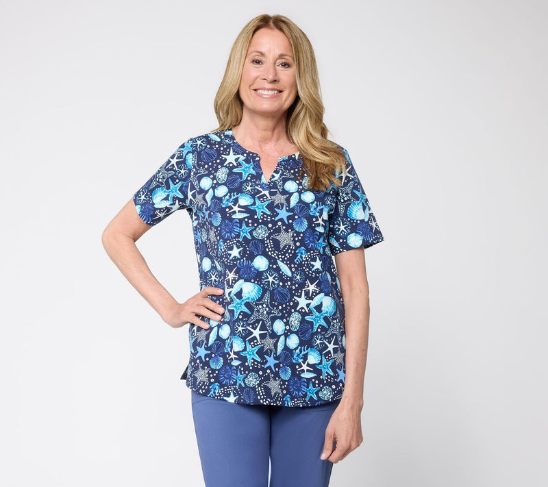 Denim & Co. Active Printed French Terry Split Neck Top — View 11
