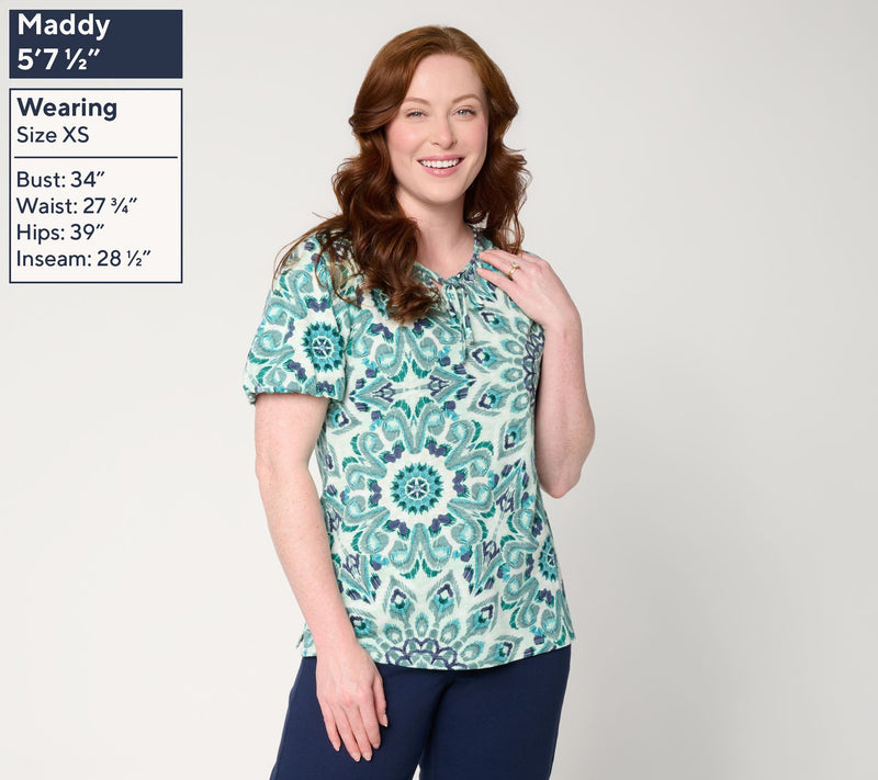 Denim & Co. Printed Linen Slub Bubble Sleeve V-Neck Top — View 3